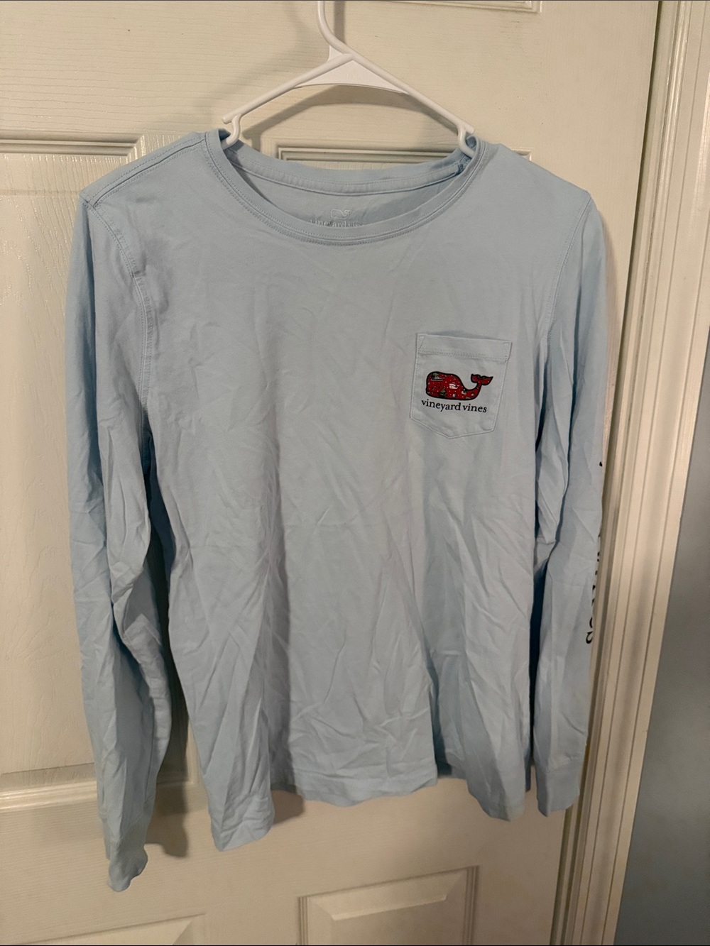 Vineyard Vines Pale Blue Long Sleeve Pocket Tee with Whale Pocket